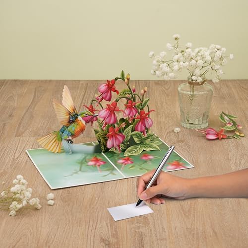 POPWOW Hummingbird 3D Pop Up Card with Fuchsia Flowers - 5x7 Inch