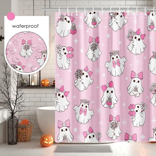 Mocsicka Halloween Pink Ghost Shower Curtain, 71x71 Inch Waterproof Fabric