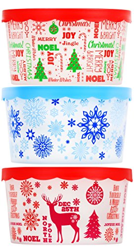Set of 3 Christmas Plastic Food Storage Containers with Lids - Snowflakes Deer Tree