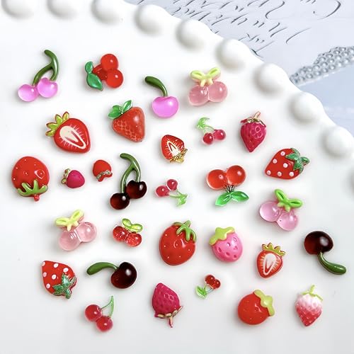 Tephrent 150pcs 3D Strawberry and Cherry Resin Nail Charms Flatback Rhinestones