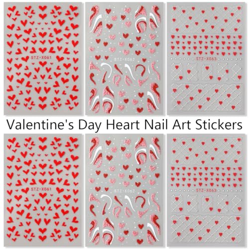 Valentines Day Nail Art Stickers 6 Sheets 3D Self-Adhesive Red Heart French Tips