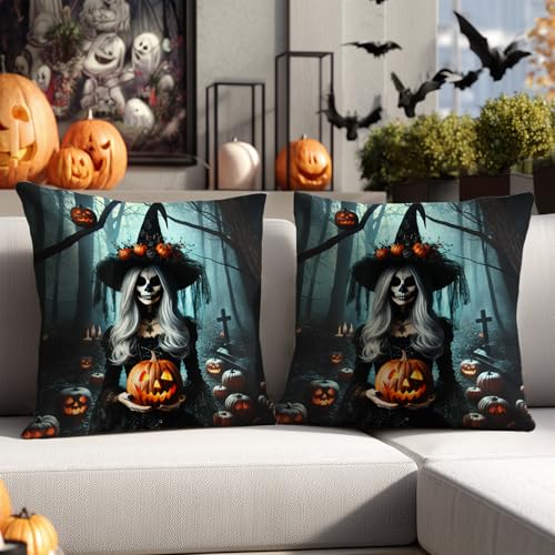 HOMETITUTE Set of 2 Day of The Dead Witch Pillow Covers 18x18