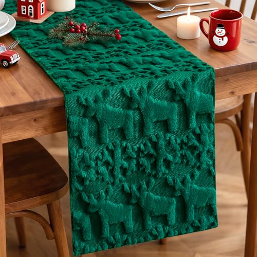 Christmas Snowflake and Elk Table Runner - Faux Fur Jacquard Holiday Decor, 13x90 Inch, Green