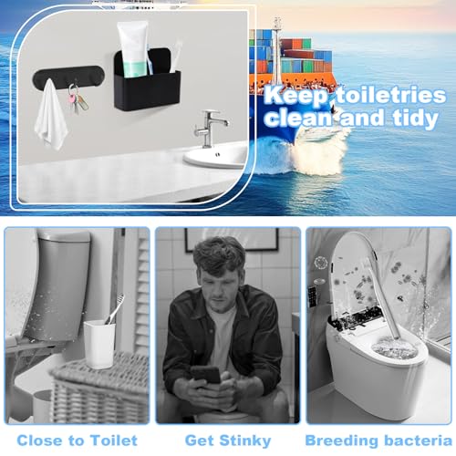 Magnetic Toothbrush Holder with Hooks - Black, No Drilling for Cruises