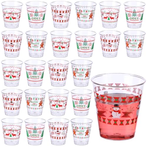 24 Pcs Christmas Shot Glasses Set - Disposable Plastic Cups with Holiday Designs