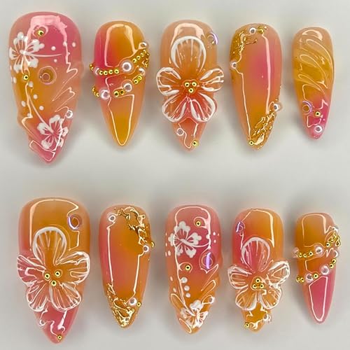 ZOAZJINAZ Long Almond Press on Nails Floral Gradient Fake Nails Kit