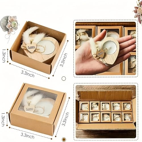 Handmade Heart-Shaped Wooden Candle Holder Set with White Feather