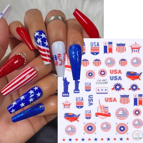 HOXIEYA 4th of July Patriotic Nail Stickers - 4 Sheets American Flag Design