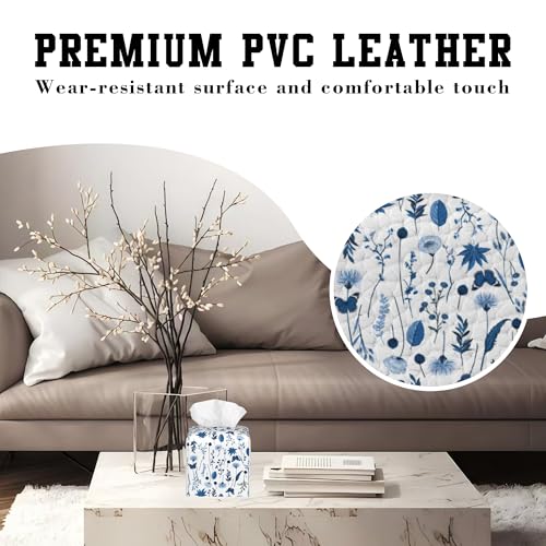 Blue Botanical Square Tissue Box Cover - Leather Holder for Home & Office