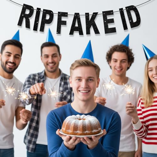 Black Glitter RIP Fake ID Banner for 21st Birthday Decorations
