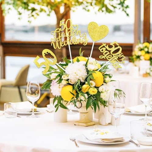 50th Anniversary Centerpiece Sticks - 12 Pcs Double-Sided Glitter Hearts