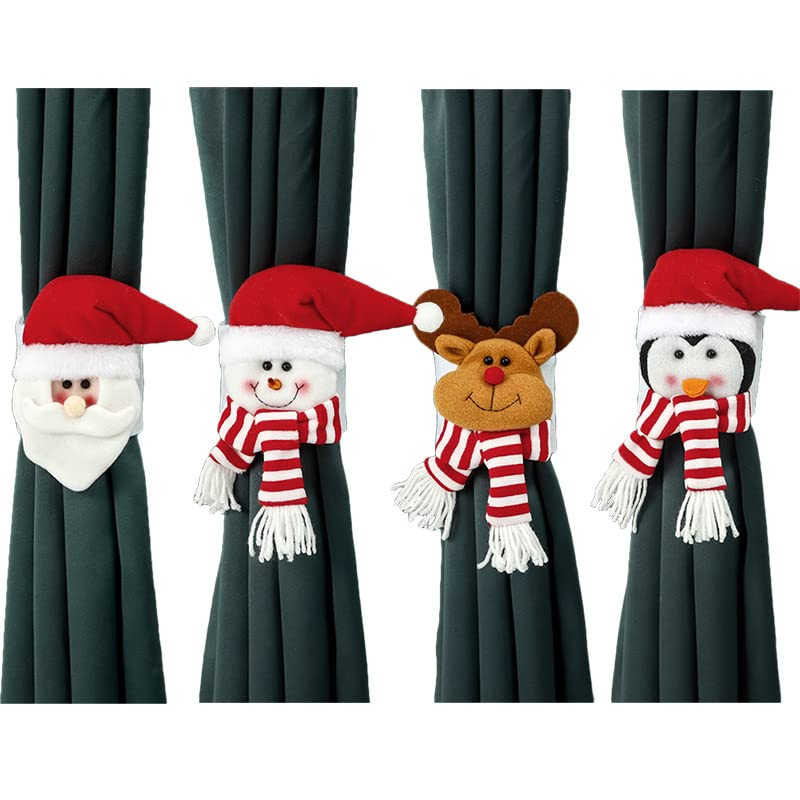Christmas Curtain Buckle Set with Snowman Santa Elk Penguin Holiday Holdbacks - 4 Pcs