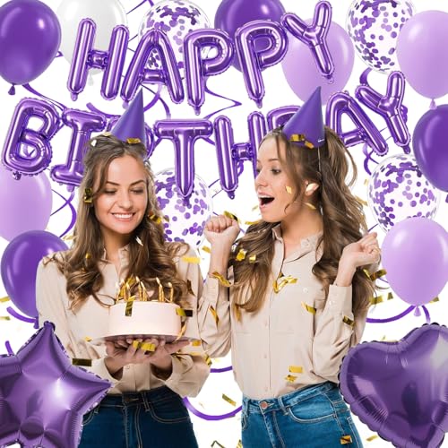 Purple Birthday Decorations Set with Happy Birthday Banner & Foil Balloons