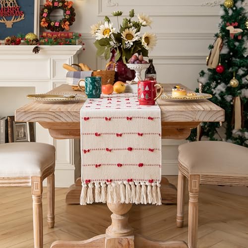 Caflife Christmas Table Runner 13x72 Inch Boho Red & Beige Cotton with Tassels