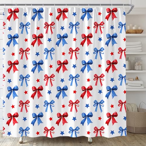 Patriotic 4th of July Shower Curtain - Red Blue Star Design, 70x70