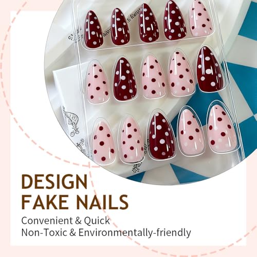 Pink Polka Dot Press on Nails Medium Almond Gel False Nails 24Pcs