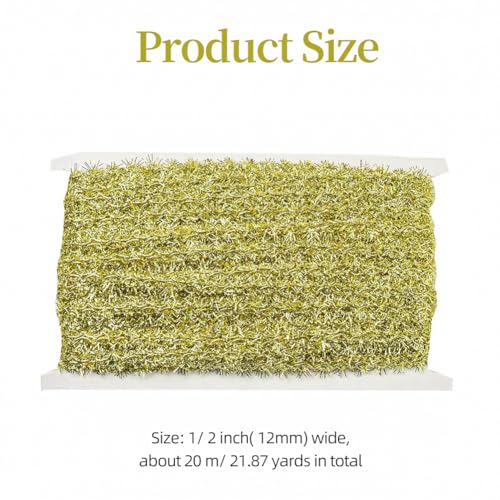 CABODYALS 20 Yards Gold Tinsel Ribbon 1/2 Inch Metallic Foil Garland for Christmas Tree Decor and Gift Wrapping
