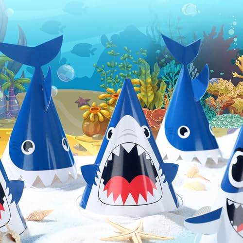 Chinco Shark Birthday Party Hats - 12 Pack with Fins & Teeth