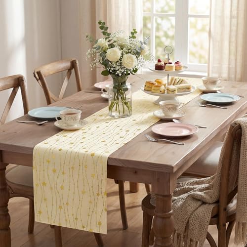 Beige Burlap Table Runner 12x108 Inch with Gold Stars & Glitter Finish