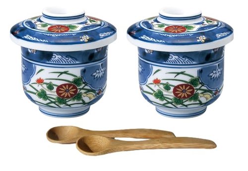 Japanese Ceramic Chawan-mushi Cups with Lid and Spoon D3.7 x H3.74 Inches, 7.1 Fl. Oz. Mino Ware Somenishiki Koimari, Set of 2 M6591 from Japan