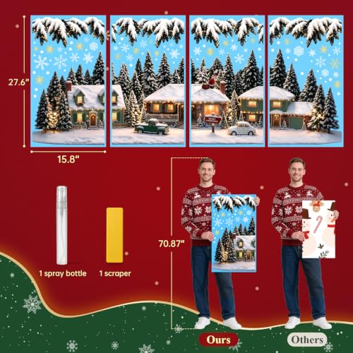 Christmas Village Window Clings - Snowy Holiday Scene, Large 27.6 x 15.8 Inches, Reusable Snowy Village Decal - Variation of Christmas Village