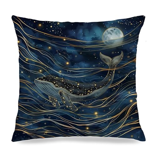 Navy Blue Whale and Moon Pillow Cover 18x18 - Cozy Flannelette Decor
