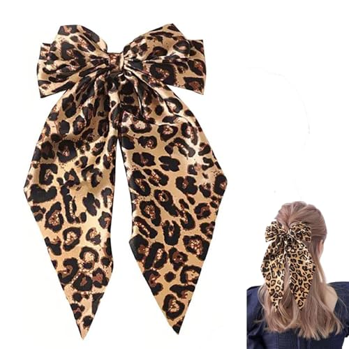 Yellow Leopard Print Satin Hair Bow Clip with Long Tail