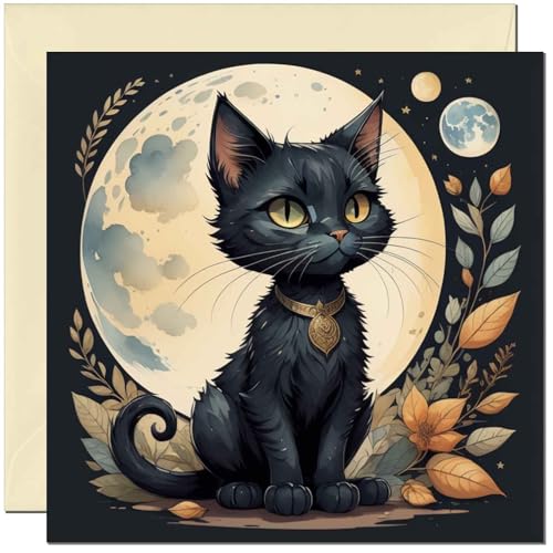 Cute Black Cat Moon Birthday Greeting Card - 145mm