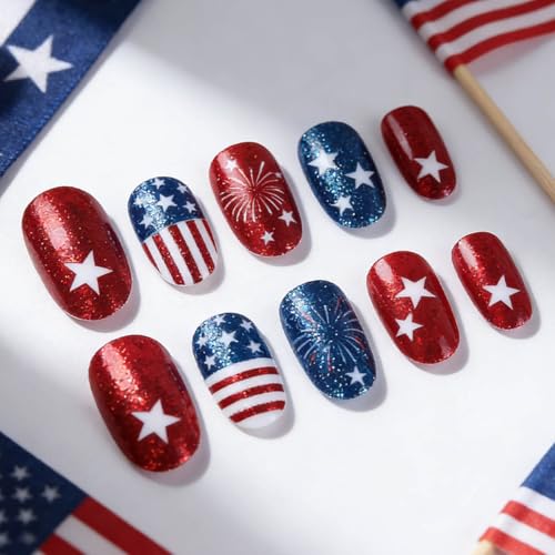 BYJKYEN 4th of July Press on Nails Short Almond Patriotic Fake Nails