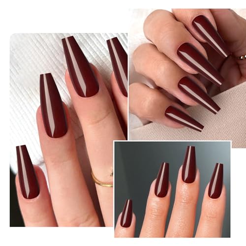 Lifextol Long Coffin Press on Nails - 120 Pcs Burgundy Glossy Fake Nails Kit