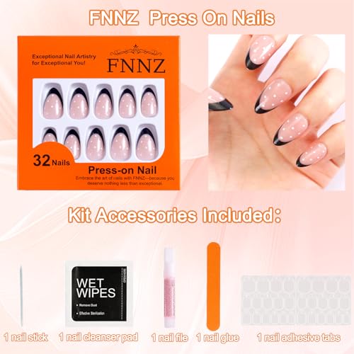 FNNZ Black French Tip Short Almond Press On Nails with Glue - 32Pcs