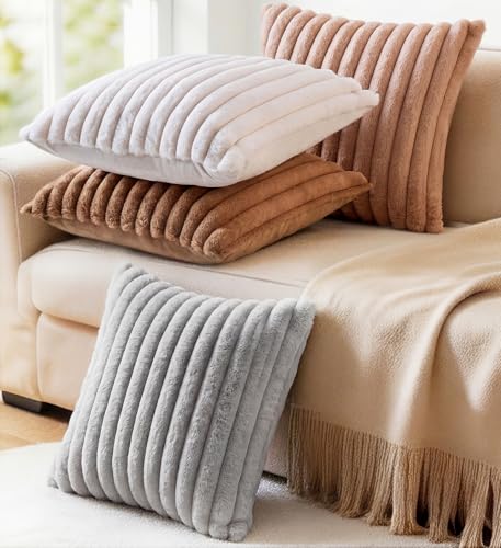 MEGAYES Set of 2 Faux Fur Throw Pillow Covers, 18x18 Striped Plush Cushion