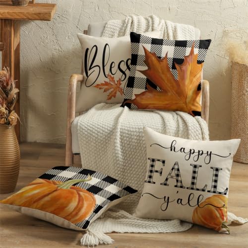 Fall Throw Pillow Covers 18x18 Set of 4, Farmhouse Autumn Pumpkin Decor