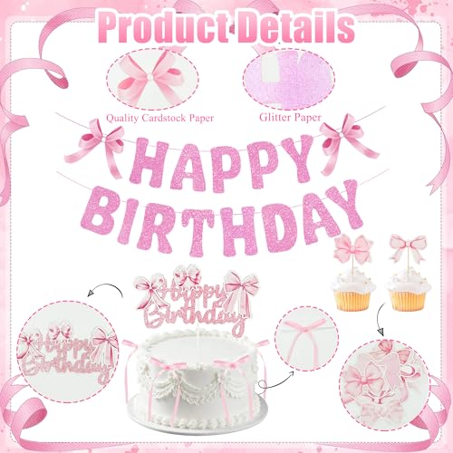 20Pcs Pink Bow Birthday Party Decorations & Cake Toppers Set