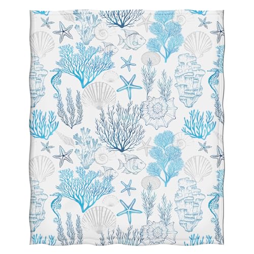 Levens Nautical Coral Starfish Throw Blanket, Soft Flannel 50"x60"