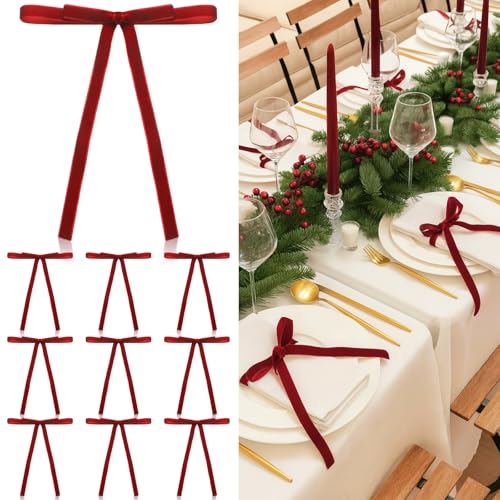 Christmas Burgundy Napkin Ring with Red Velvet Bow - Elegant Holiday Table Decor