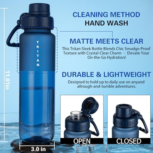 OLDLEY 32oz Navy Blue Water Bottle with Handle, Leak-Proof Tritan Sports Bottle