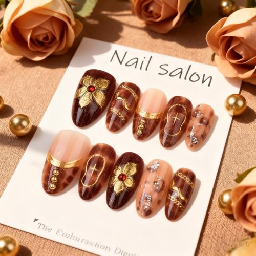 Fall Press on Nails Medium Almond 3D Gold Flower Fake Nails