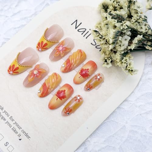 Fall Press on Nails Medium Almond French Tip 3D Flower Fake Nails