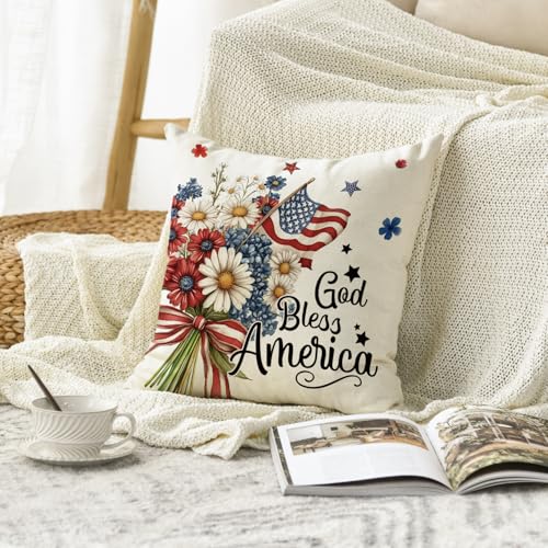 4th of July Throw Pillow Cover - God Bless America Daisy Pattern 18x18 Inch Independence Day Decor Cushion Case