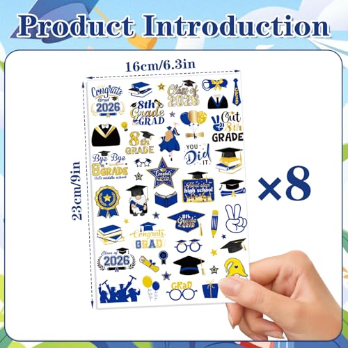 Gameza 8th Grade Graduation Temporary Tattoos 200+ Blue and Gold Favors