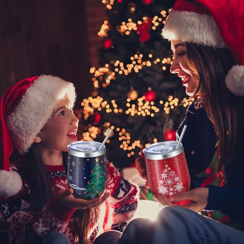 12 Pack Christmas Stainless Steel Wine Tumblers with Lids & Straws - Charming Holiday Design