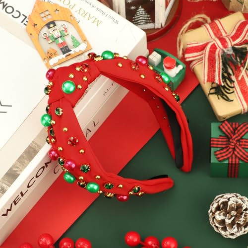 Christmas Rhinestone Pearl Headband - Red Crystal Knotted Hair Band