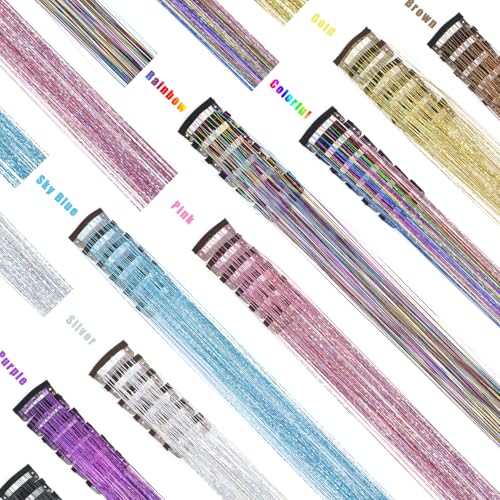 Nielp 18 Pcs Clip-In Hair Tinsel Extensions 20.5 Inch Rainbow Glitter Fairy Hair