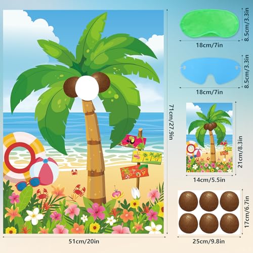 Hawaiian Luau Party Game - Pin The Coconut on Palm Tree Set