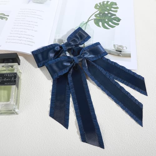 Navy Blue Hair Bows with Long Tassel Ribbons 2Pcs Hair Clips