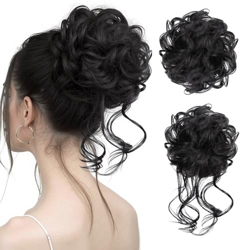 HotPro Messy Hair Bun Scrunchies 2-Piece Synthetic Updo Extension Jet Black