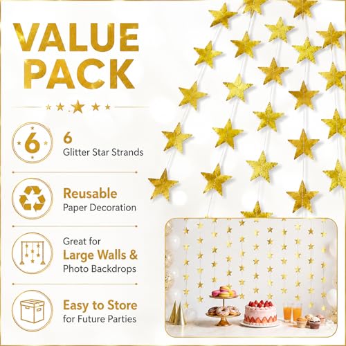 Gold Glitter Star Garland - 78 Feet Hanging Decoration for Parties