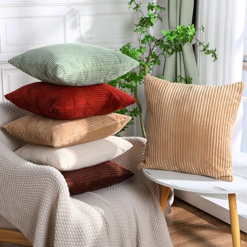 Colingmill 6 Pcs 18x18 Fall Corduroy Pillow Covers - Soft Boho Striped Cushion Covers for Home Decor