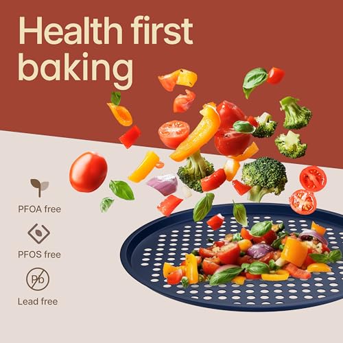 BAKKENMASTER Round Perforated Pizza Baking Pan - Blue Non-Stick, Durable & Dishwasher Safe